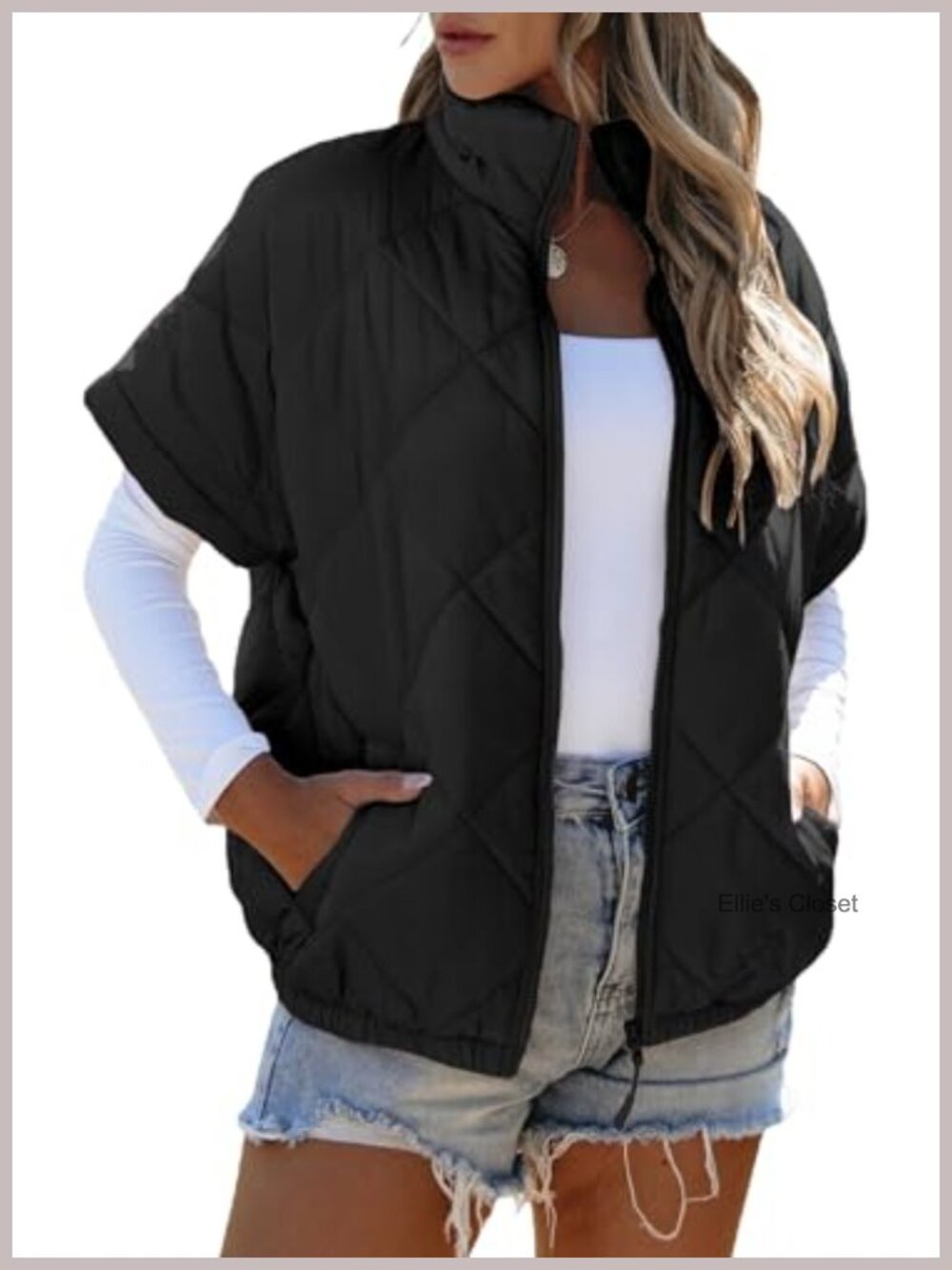 Quilted Vest Jacket Short Sleeve Zip Up Lightweight Warm Women's Outerwear